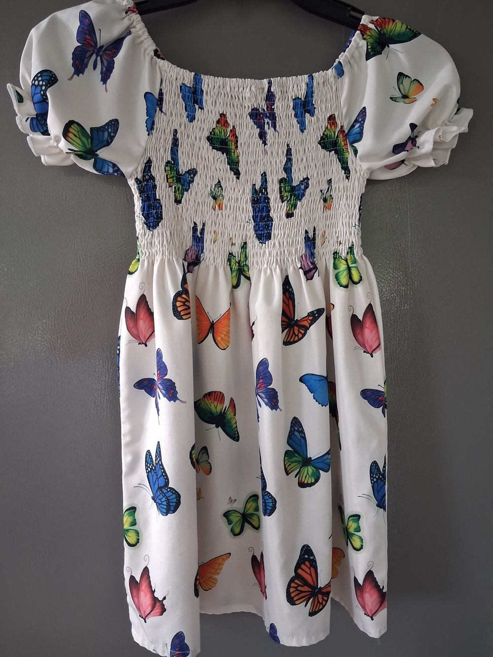 Girls' White Butterfly Print Puff-Sleeve Dress